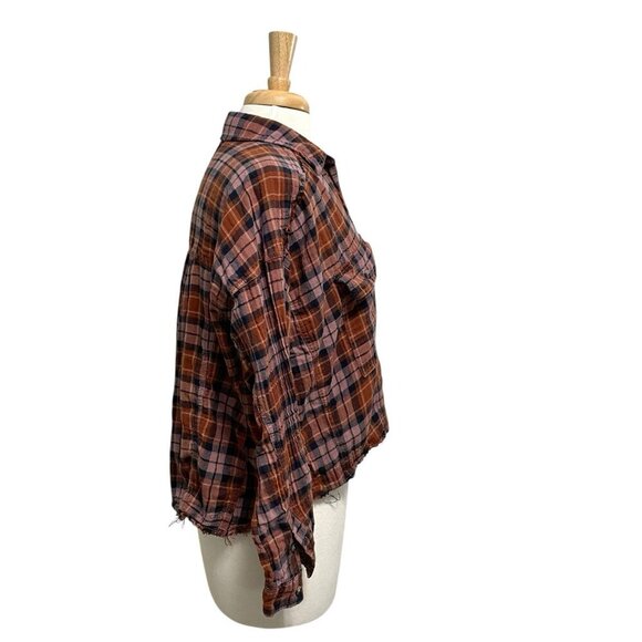 Anthropologie Boxy Distressed Cropped Plaid Button Front Shirt size Small - Picture 4 of 9